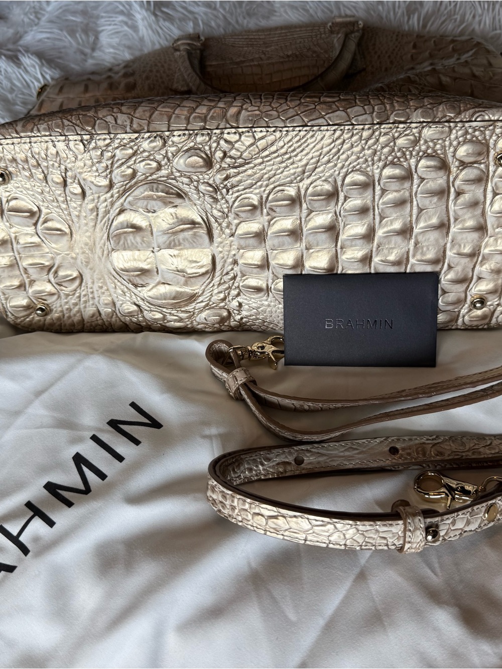 Brahmin Metallic Croc-Embossed Satchel in Champagne Gold - Picture 6 of 6